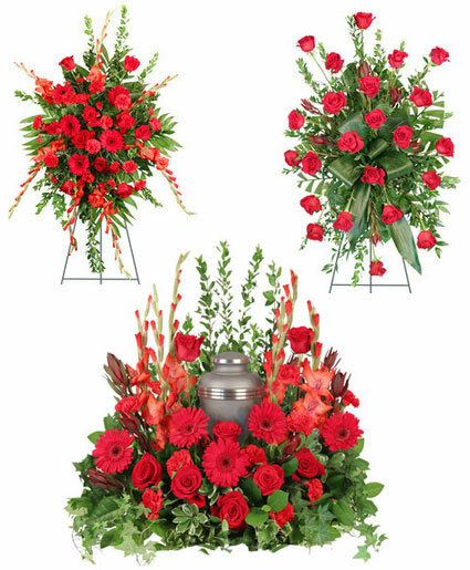 Scarlet Sentiments Sympathy Collection - Relive fond memories and celebrate the life of someone near and dear to your heart with this beautiful sympathy collection. Featuring stunning red roses, gerberas, carnations, and gladiolus, Scarlet Sentiments recalls the brilliant life of a lost loved one by exhibiting their vibrant spirit through gorgeous florals.  Includes: Urnmemorial Arrangement: ,  casket Saddle With, Foliage: Salal, Pittosporum, Ivy, Myrtle, Safari Sunset Leucadendron, Red Gladiolus, Red Gerberas, Red Roses, Red Carnations , Standing Spray :,  , Foliage: Teepee, Myrtle, Ivy, Salal, Red Gladiolus, Red Gerberas, Red Roses, Red Carnations, Red Mini Carnations , Standing Spray : ,  , Foliage: Myrtle, Aspidistra, Teepee, Salal, Red Roses, Safari Sunset Leucadendron , Urn Not Included.