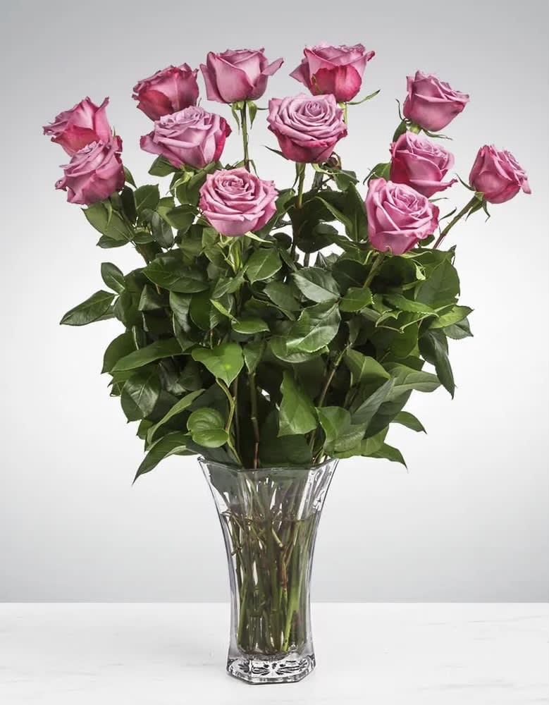 Dozen Long Stemmed Lavender Roses by BloomNation™ - This arrangement is the perfect "pick me up" to brighten someone's day. Dozen Long Stemmed Lavender Roses by BloomNation™ is the perfect gift for a birthday, get well, just because, and thank you.    Arrangement Details: 12 Long Stemmed Lavender Roses and Assorted Greenery APPROXIMATE DIMENSIONS: 25" H X 18" W