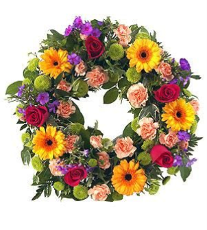 Summer Garden Wreath - Yellow, Hot Pink, Pink, Purple, and Blue. Standard size 18" diameter form used. Deluxe size 24" diameter form used.
