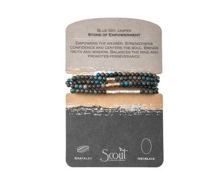 Beaded bracelet on a display card labeled Blue Sky Jasper