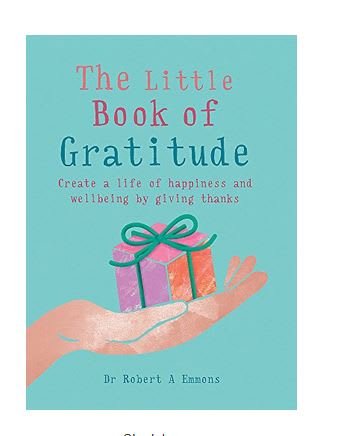 Small teal book titled 'The Little Book of Gratitude' with an illustration of a hand holding a wrapped gift.