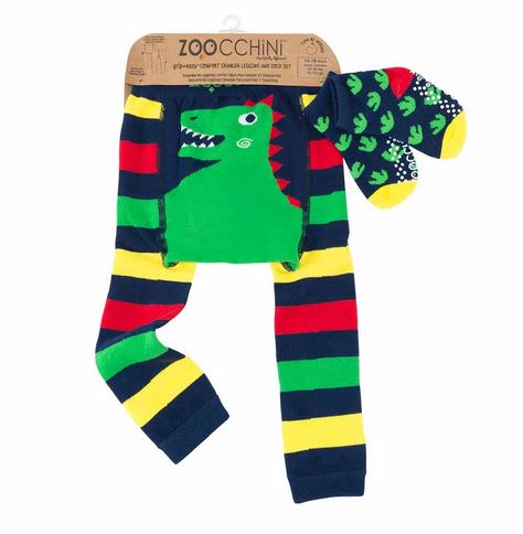 Colorful dinosaur-pattern baby clothing set on a hanger