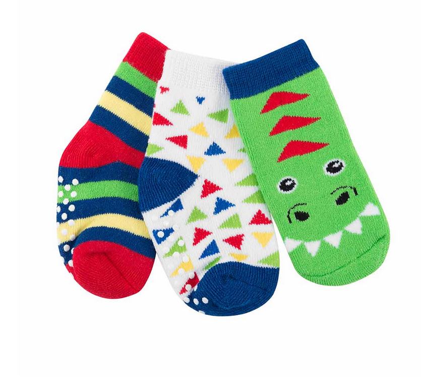 Three colorful patterned socks arranged together on a white background