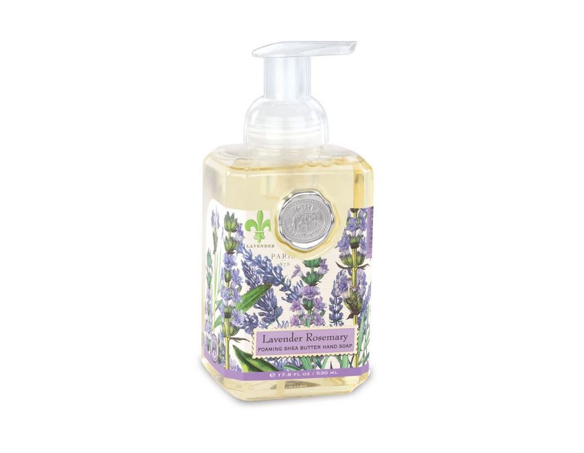 Lavender rosemary foaming hand soap in a clear pump bottle