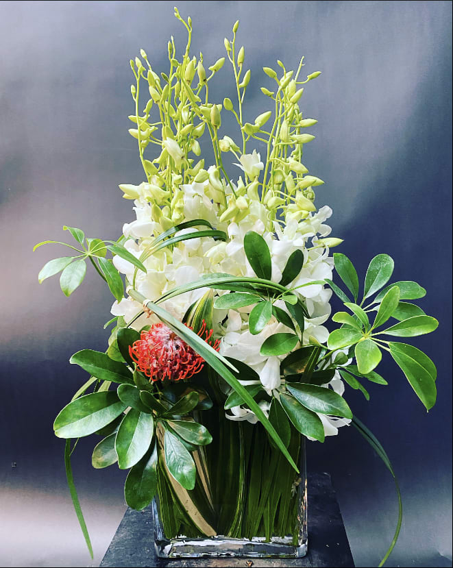 White orchids in a clear glass vase with green foliage and a red accent bloom