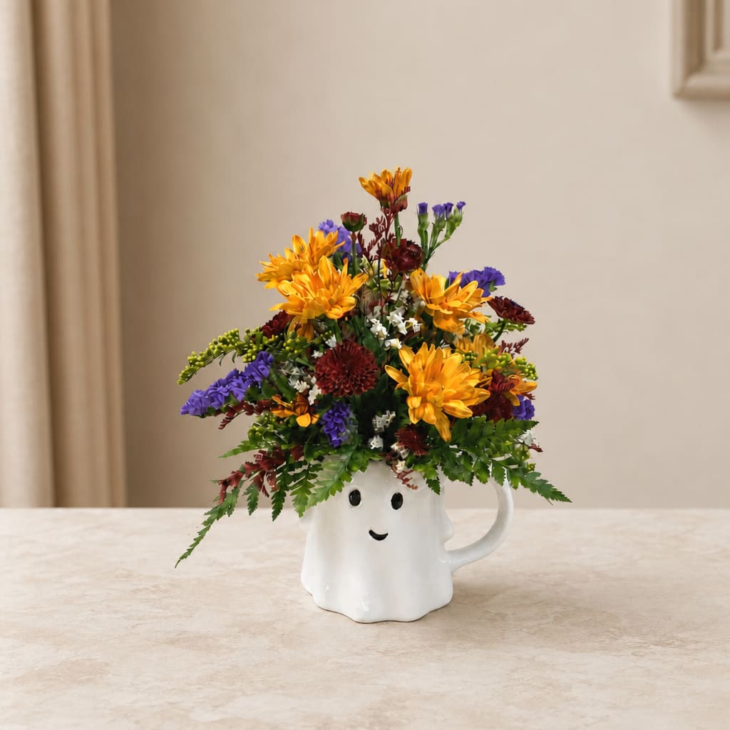 Colorful bouquet in a white ghost-shaped mug