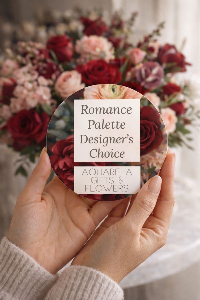 Hands holding a round card in front of a red and pink flower bouquet