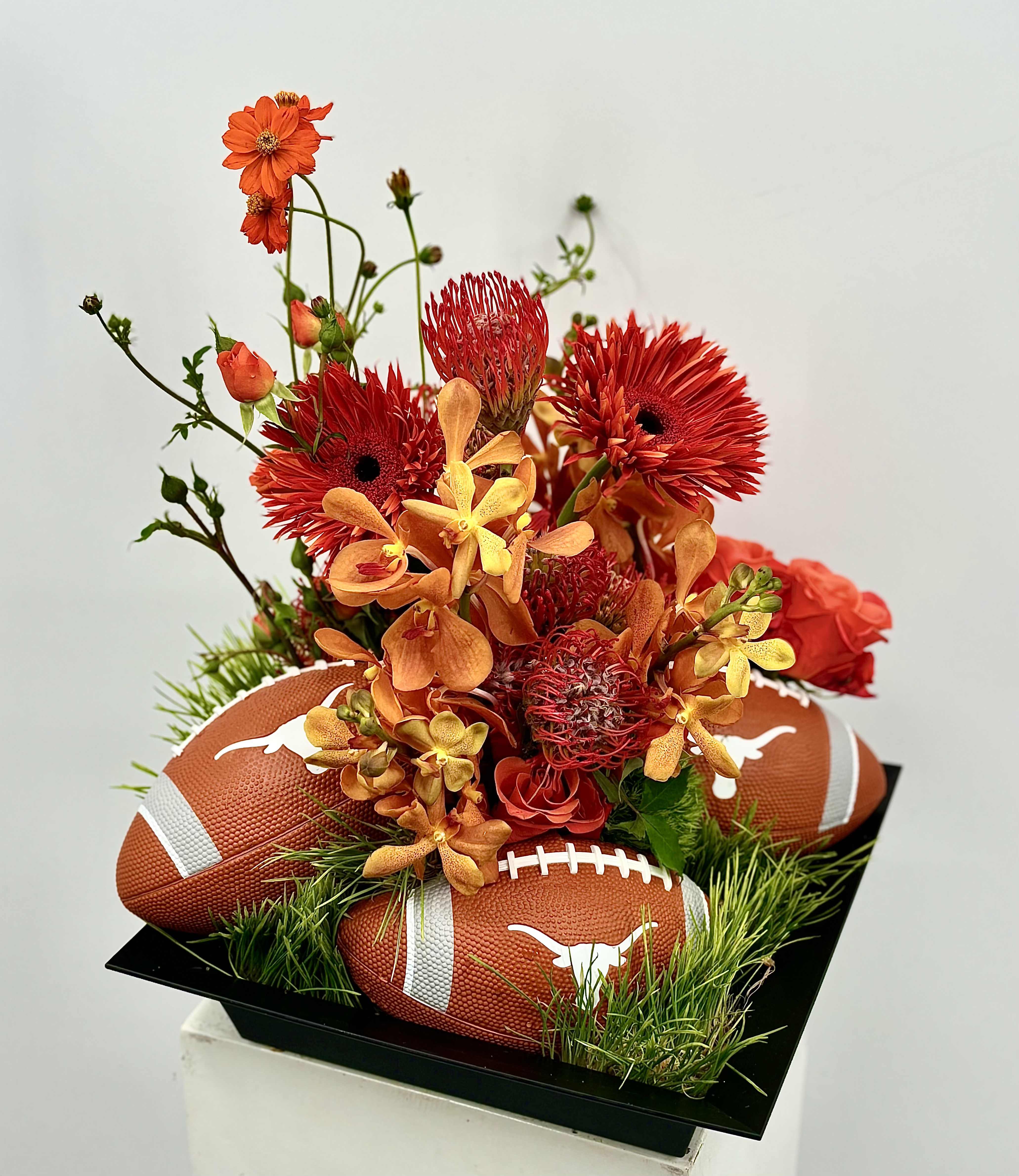 Hook Em Horns - This stunning Long Horn arrangement is a vibrant floral arrangement featuring a mix of orange and red flowers, including Gerbera daisies and Mokara orchids. The bouquet is creatively intertwined with footballs, each showcasing the Texas Longhorn Pride. The arrangement exudes a sporty yet elegant aesthetic Its perfect for any game day party of UT themed event.