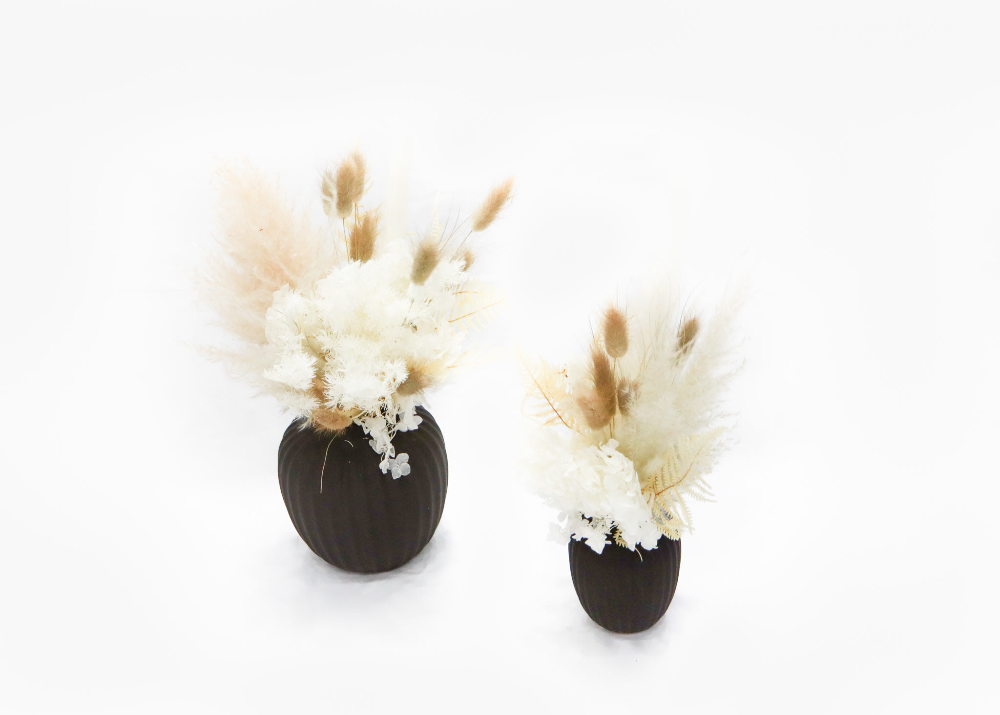 Two dried floral arrangements in dark vases on a white background