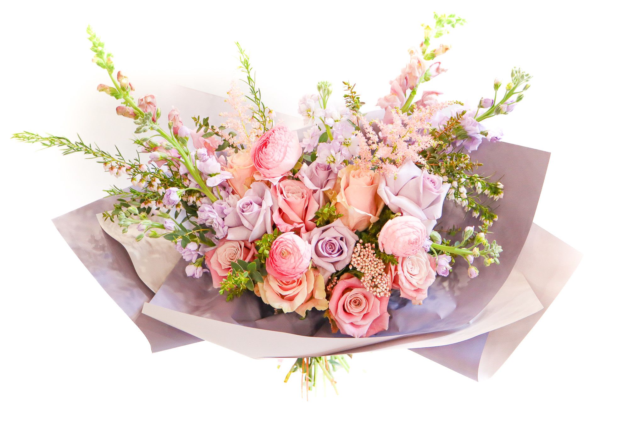 Bouquet of pink and lavender roses with airy filler flowers