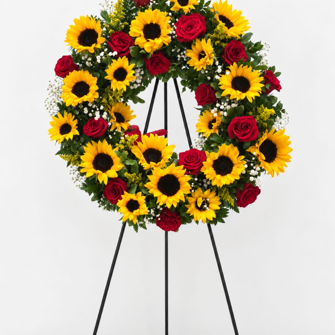 Sunflower and red rose wreath on a black stand