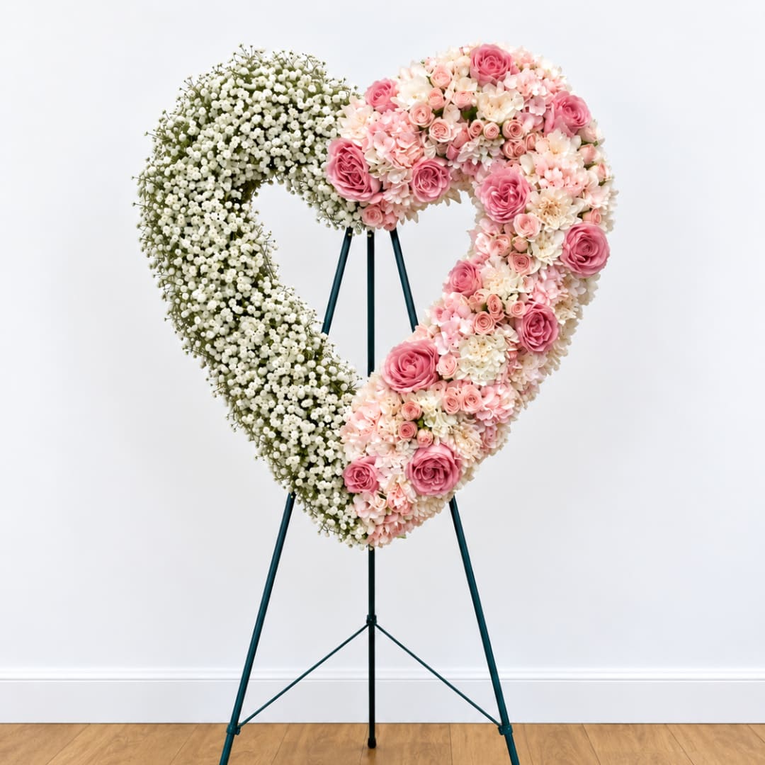 Heart-shaped floral wreath on a stand with pink and white flowers