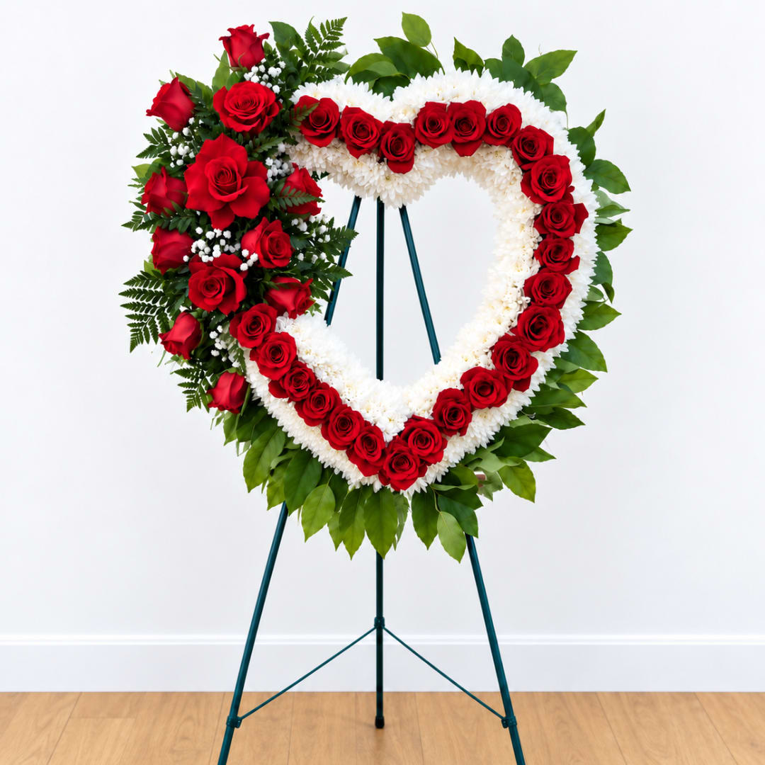 Heart-shaped standing floral wreath with red roses and white flowers on an easel