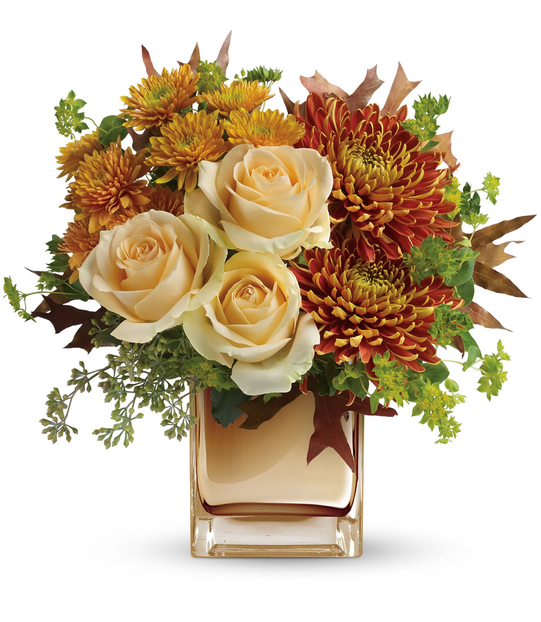 Autumn Romance Bouquet - This elegant bouquet features creamy peach roses, gold cushion chrysanthemums, bronze disbud chrysanthemums, bupleurum, seeded eucalyptus and oak leaves. Delivered in an exclusive bronze Mirrored Cube vase. Approximately 12 1/2" W x 12 1/2" H.   TFL05-1A