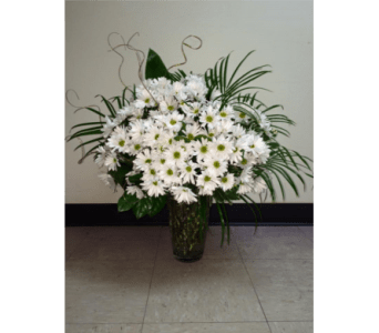White daisy bouquet in a dark glass vase