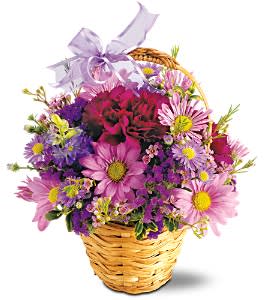 Basket of pink and purple daisies with a lavender ribbon bow