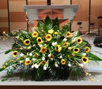 Large stage arrangement of yellow sunflowers and white tulips in an asymmetrical spray.