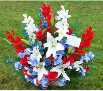 SILK PATRIOTIC BASKET ARRANGMENT - PREMIUM - SILK PATRIOTIC BASKET ARRANGMENT - PREMIUM  ON THE ORDER FORM FOR DELIVERY INFO: Enter the FIRST AND LAST NAME of the deceased and select "FUNERAL HOME" under Location Type. Enter "ANC" under Funeral Home Name, and enter the SECTION-GRAVE NUMBER under Funeral Home Address. Use "ARLINGTON, VA 22211" for the City, State, Zip and enter YOUR CONTACT NUMBER for the Day Phone number. The delivery fee will change from $12.95 to $10.95 at final checkout. A complimentary delivery confirmation photo will be sent to your email address.      As Shown : TT-ANCSILK19 