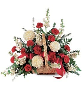 Basket arrangement of red and white carnations with white accent flowers and a red ribbon bow