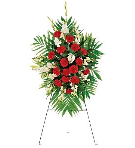 Cherished Moments Spray [TF207-7] - Show your loved ones just how much you cherish all the moments with this beautiful spray  One spray on an easel arrives decorated with white gladioli, snapdragons and stock, accented with red carnations.  Approximately 31" W x 45" H  Orientation: One-Sided      As Shown : TF207-7  