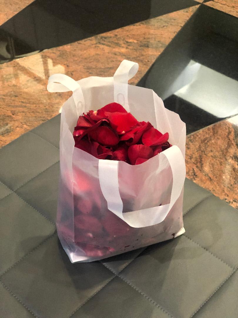 RED ROSE PETALS - AN 8X10X4 INCH CLEAR FROSTED BAG FULL OF RED ROSE PETALS