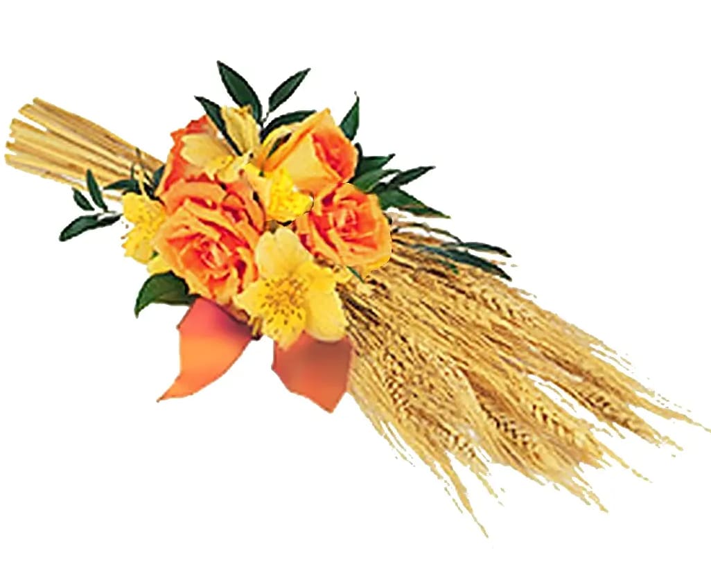 Orange and yellow flower cluster tied to a bundle of dried wheat with an orange ribbon