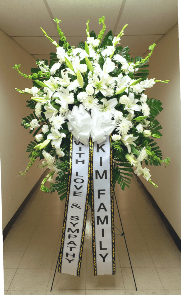 [TT-SPRAY33]  GRAND SYMPATHY SPRAY IN WHITE WITH 2 PRINTED VERTICAL BANNERS BY TWIN TOWERS FLORIST, ARLINGTON VA - GRAND SYMPATHY SPRAY IN WHITE WITH 2 PRINTED VERTICAL BANNERS BY TWIN TOWERS FLORIST IN ARLINGTON, VA