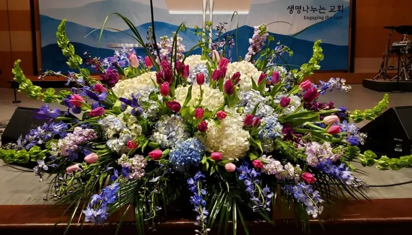 Large altar spray with white and blue hydrangeas, pink tulips, blue delphinium and green bells of Ireland