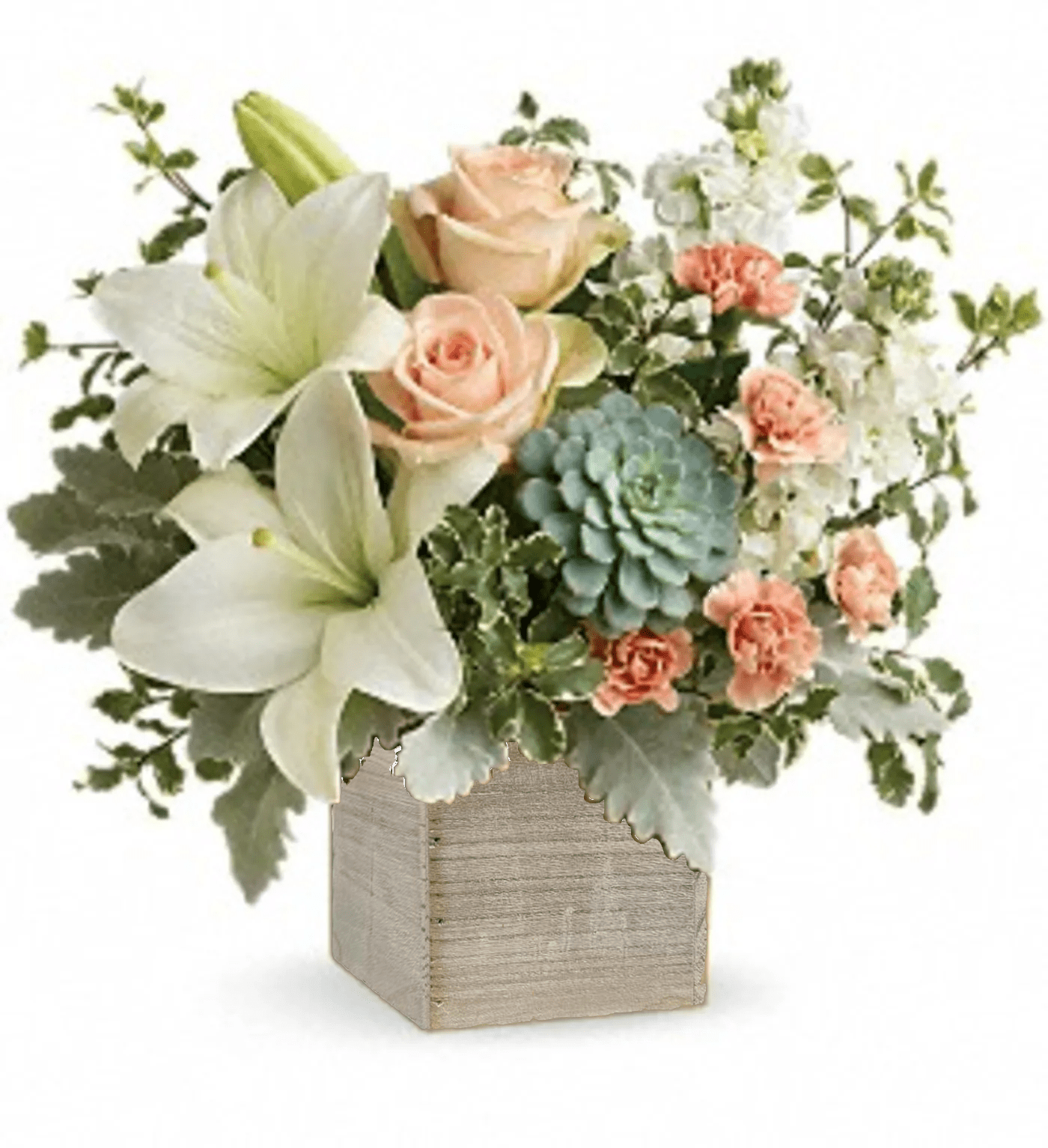 Desert Sunrise Bouquet [TT-DESERT] - Peaceful yet energizing, this unforgettable arrangement of desert-hued blooms and succulents in a sleek bamboo cube is a chic gift on any special occasion.  Peach roses, white asiatic lilies, peach miniature carnations, and white stock are accented with pitta negra, dusty miller, and a green echeveria succulent. Delivered in a wooden cube container.  Approximately 14 3/4" W x 13 1/4" H  Orientation: One-Sided      As Shown : [TT-DESERT]