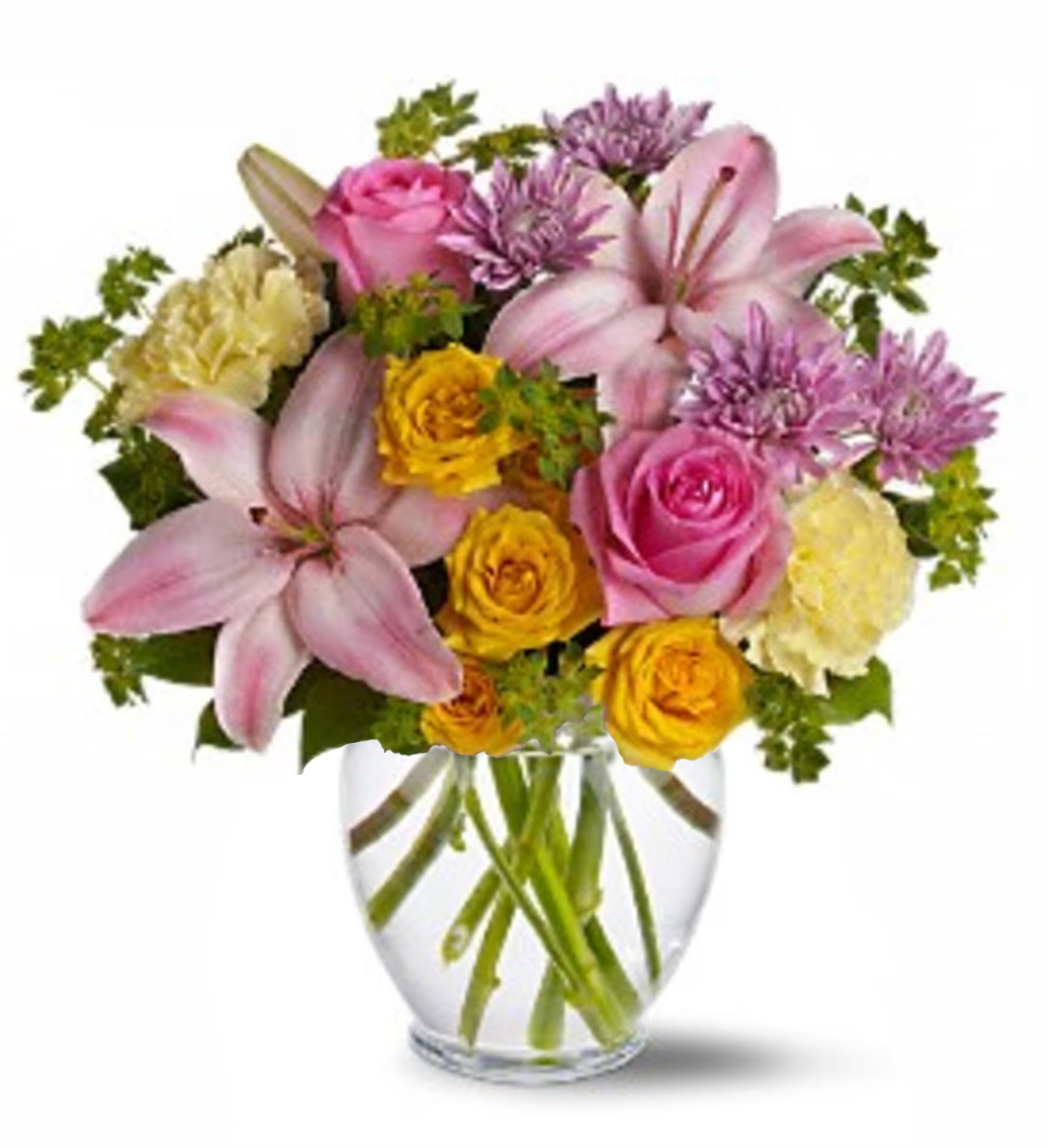 Perfectly Pastel  [TT-PPASTEL]   - "Graceful and gorgeous" describes this stunning array of pastel flowers in a charming ginger vase. It's almost too pretty for words. But you'll hear many words of praise for sending it.  The elegant bouquet features pink Asiatic lilies, yellow carnations, lavender cushion spray chrysanthemums, yellow spray roses and pink roses accented with assorted greenery. Delivered in a clear glass ginger vase.  Approximately 12" W x 14 1/2" H  Orientation: One-Sided      As Shown : [TT-PPASTEL]