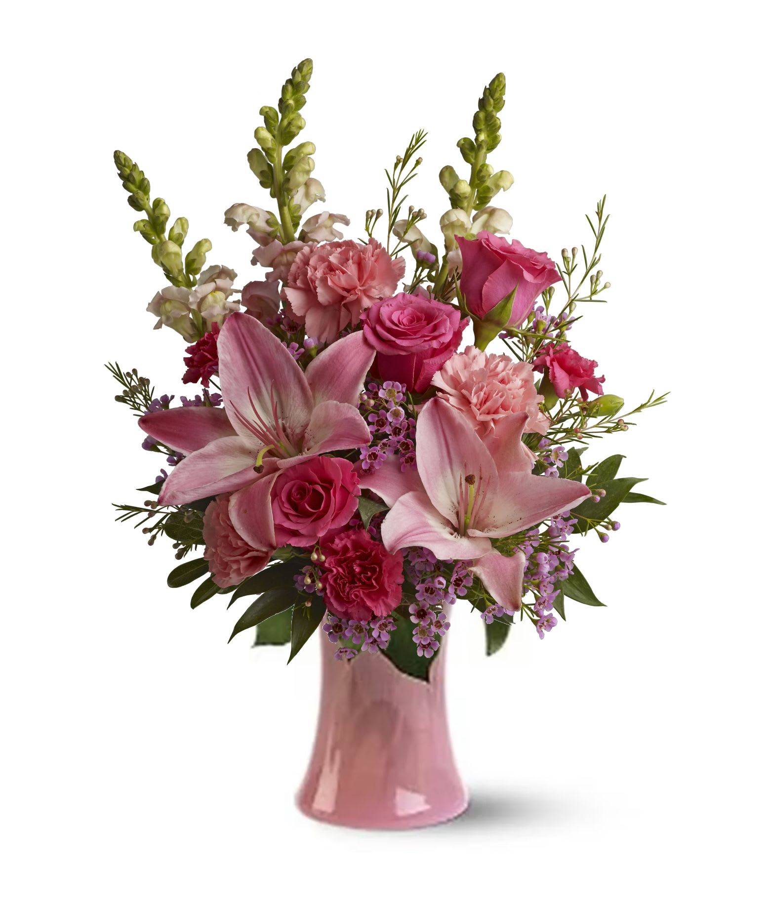 Pink lilies and roses arranged in a pink vase