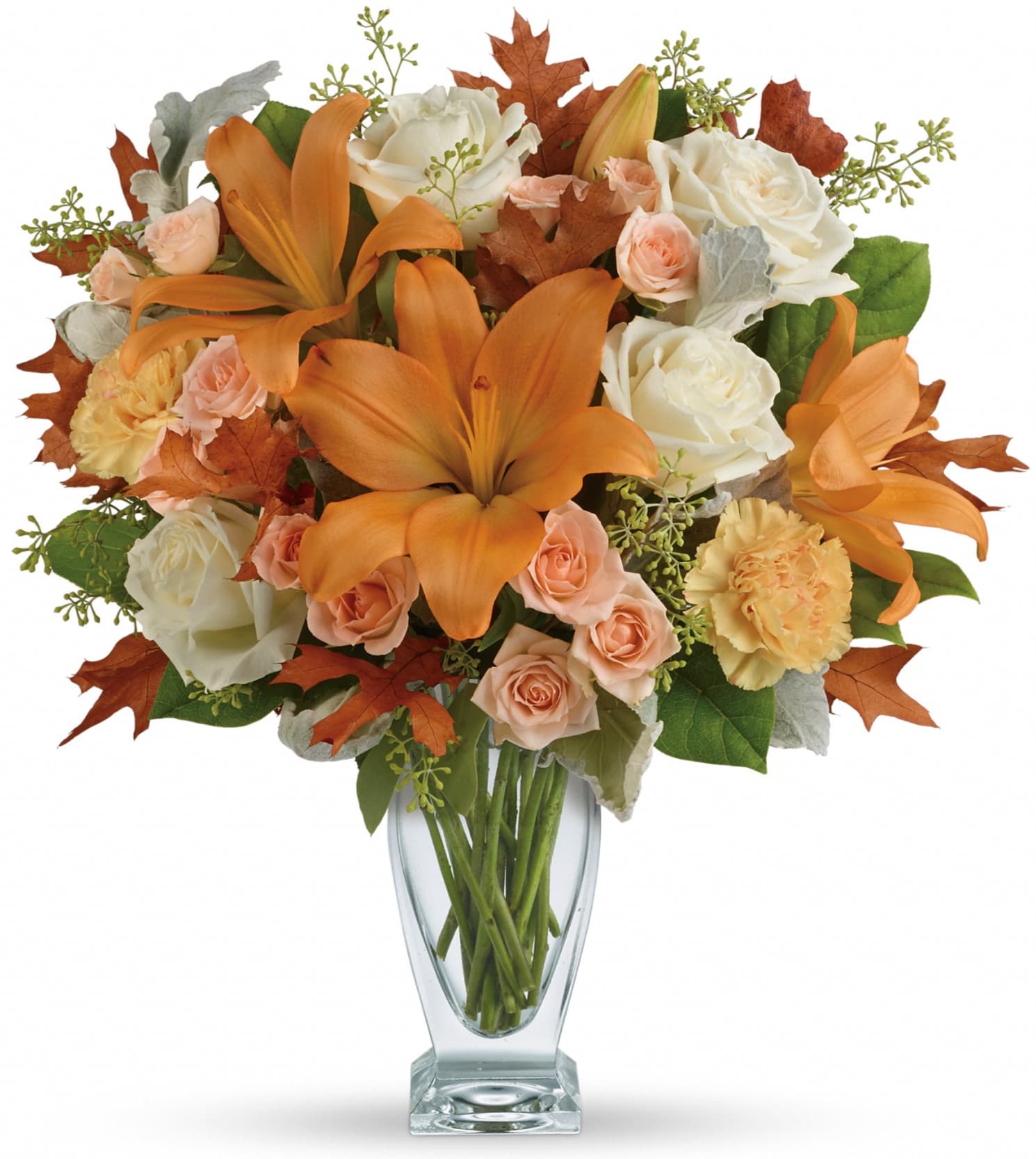 Seasonal Sophistication Bouquet - This beautiful arrangement features white and peach roses, peach asiatic lilies and peach carnations and is finished with dusty miller, seeded eucalyptus, brown oak leaves and lemon leaf. Delivered in a Couture vase. Approximately 16 1/4" W x 18" H