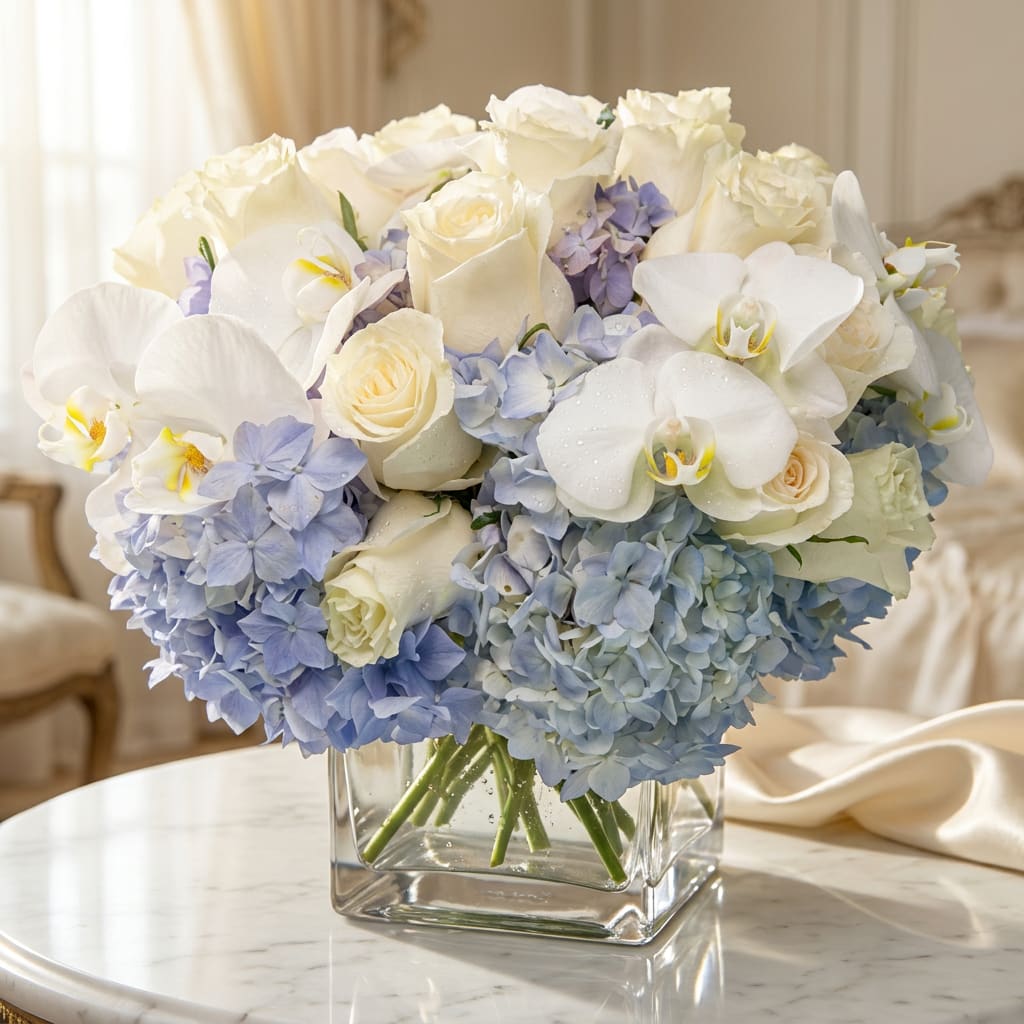 White roses and orchids with pale blue hydrangeas in a glass vase