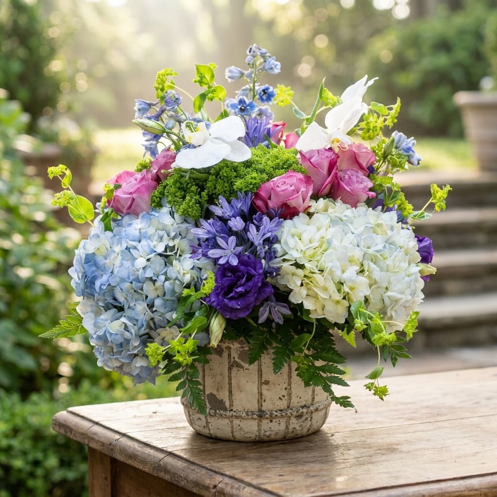 Mixed bouquet of hydrangeas, roses, and orchids in a ceramic vase