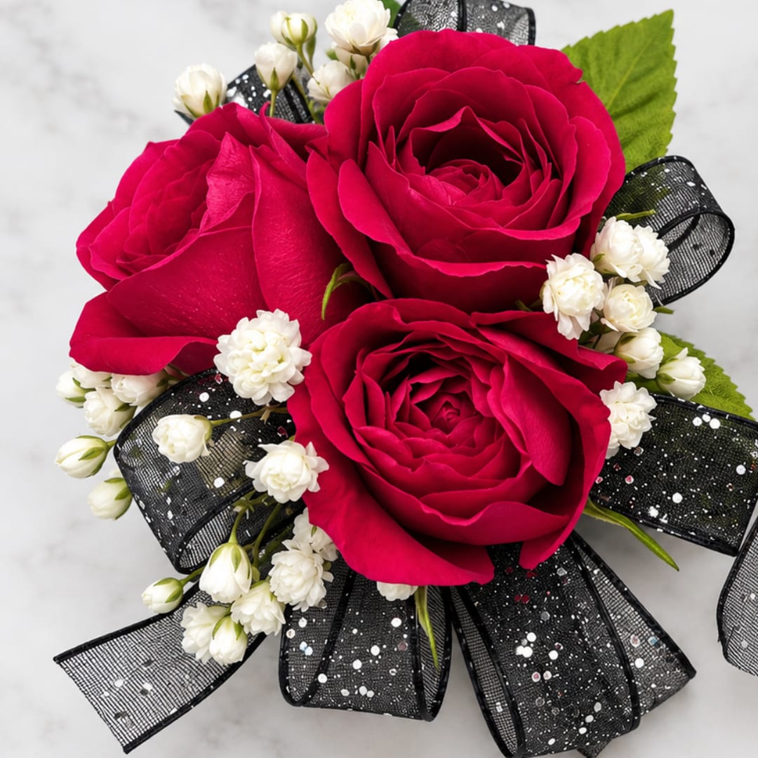 Bouquet of deep pink roses with small white flowers and black ribbon