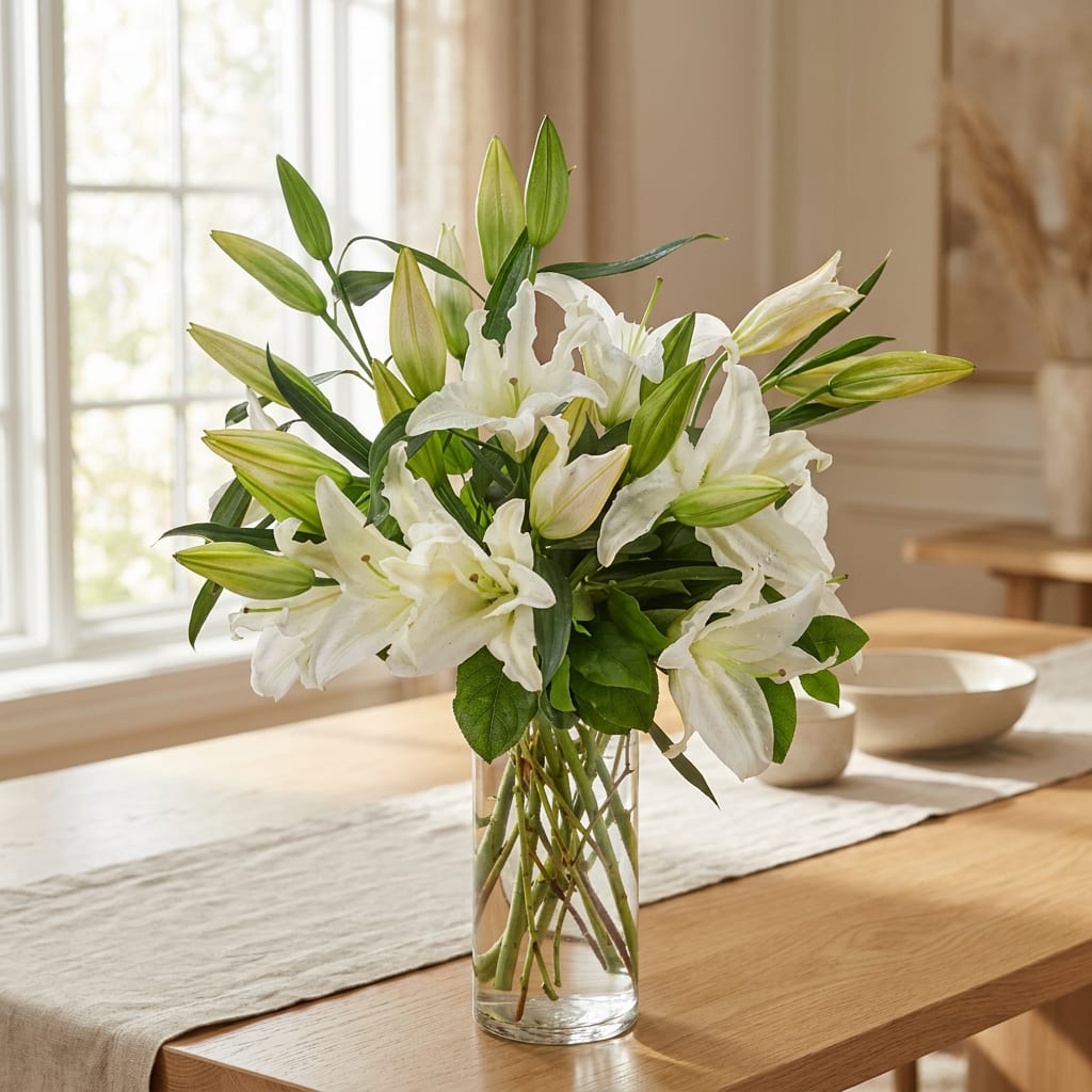 White lilies in a clear glass vase on a wooden table