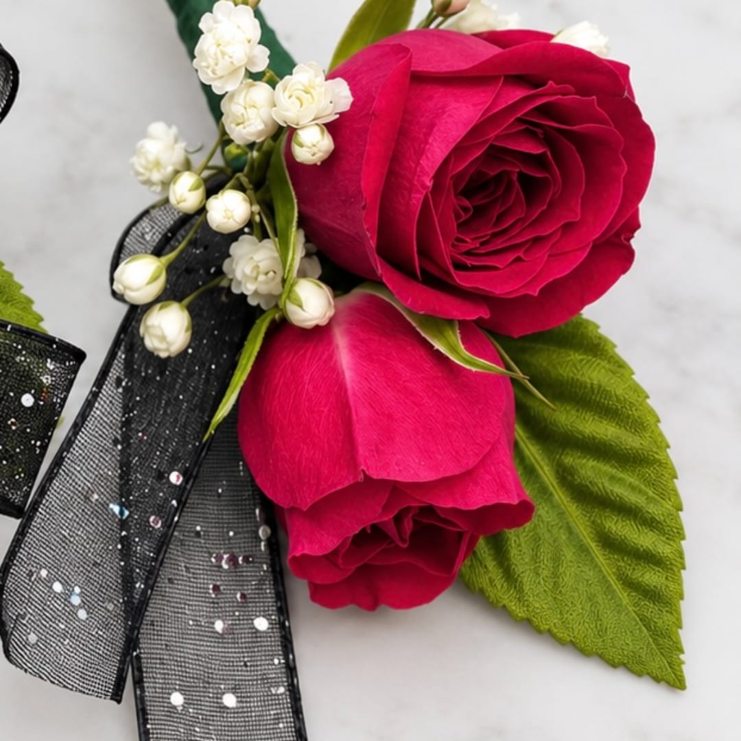 Close-up of two hot pink roses with white buds and a black ribbon