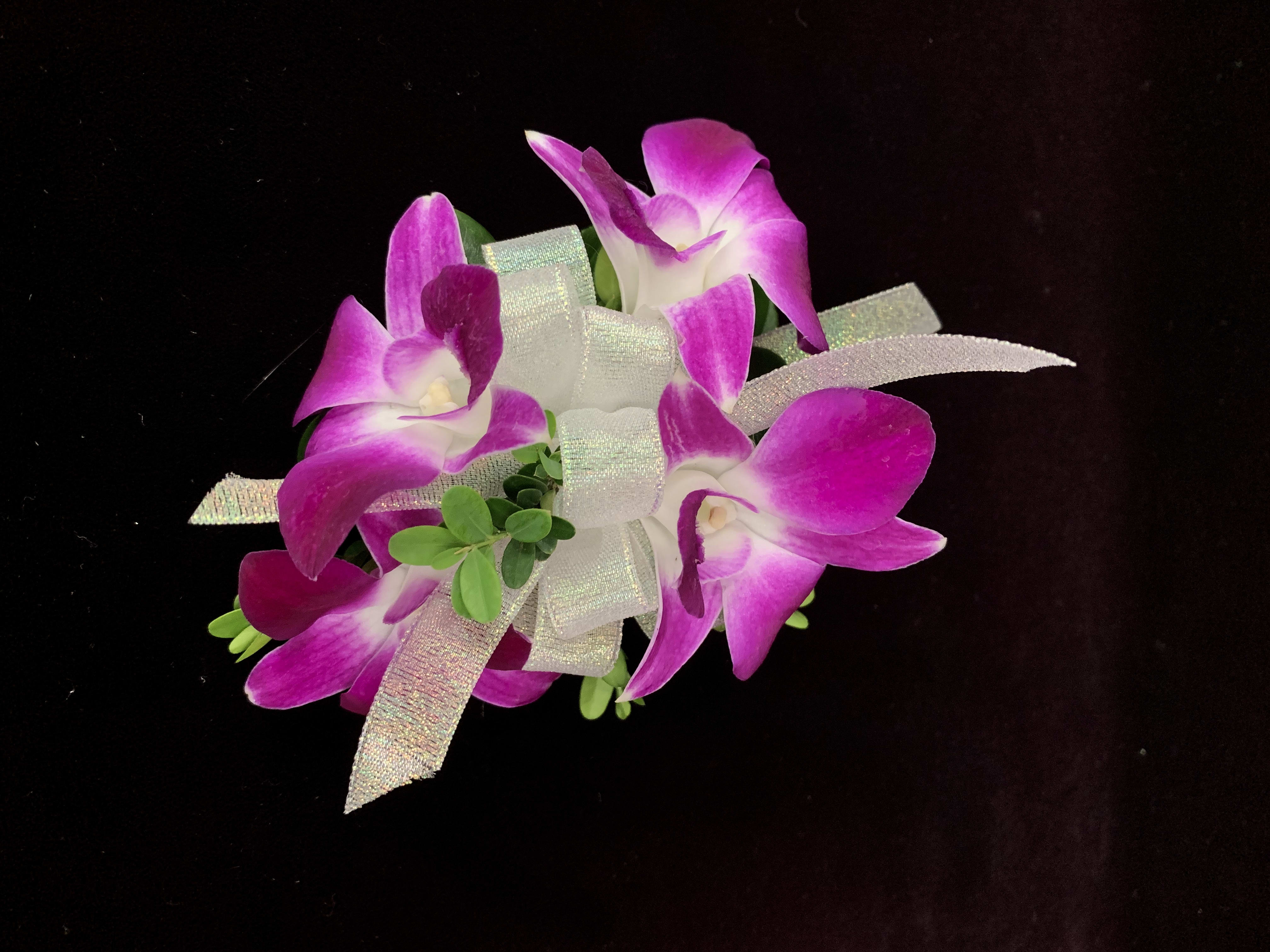 Pink and white orchid corsage with silver ribbon