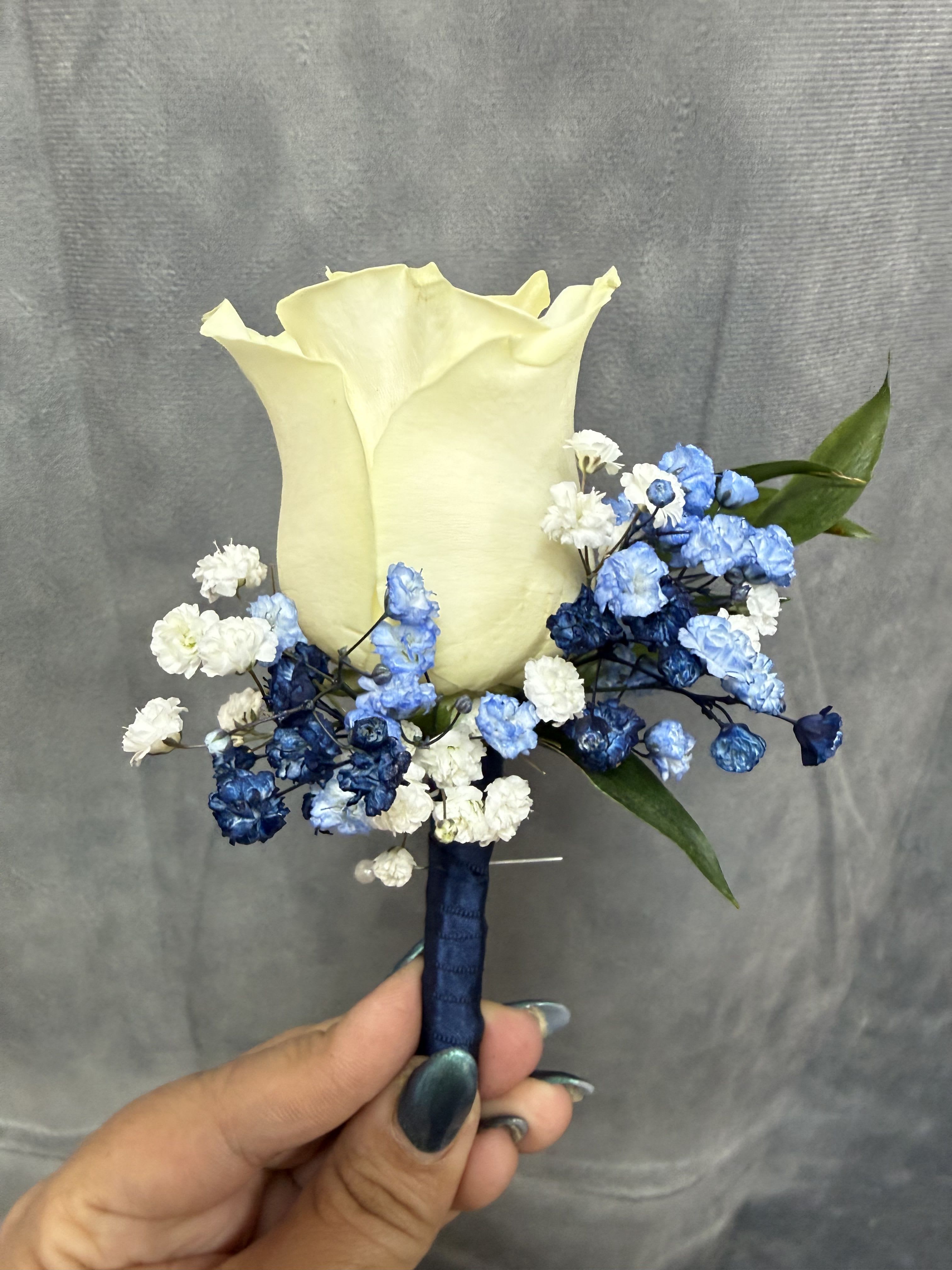 Baby blue Navy white rose boutonnière  - White rose with baby blue and navy fillers with navy wrap