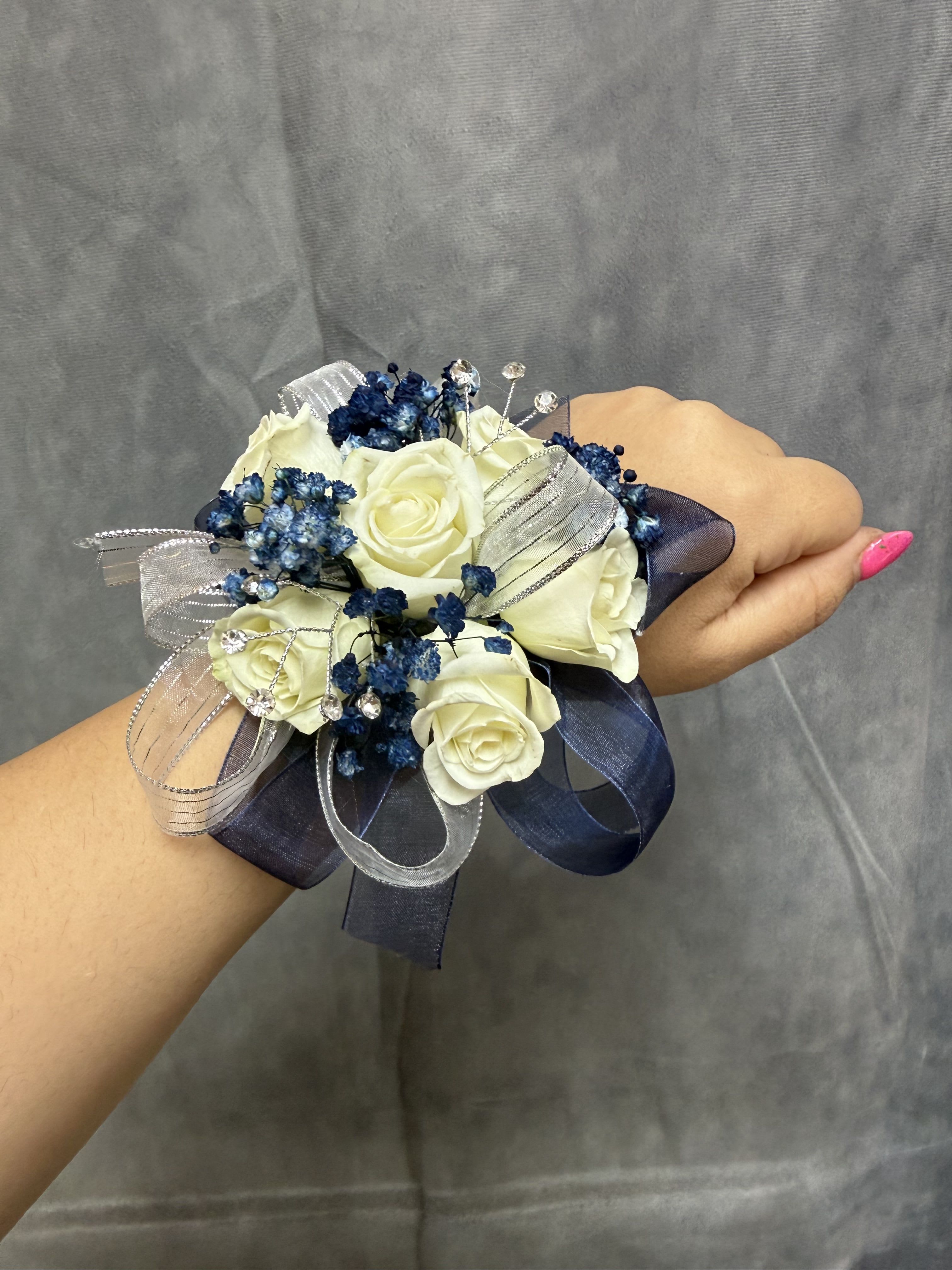 Baby blue Navy White spray roses wrist corsage - White spray roses with navy &amp; baby blue fillers with pearl bracelet