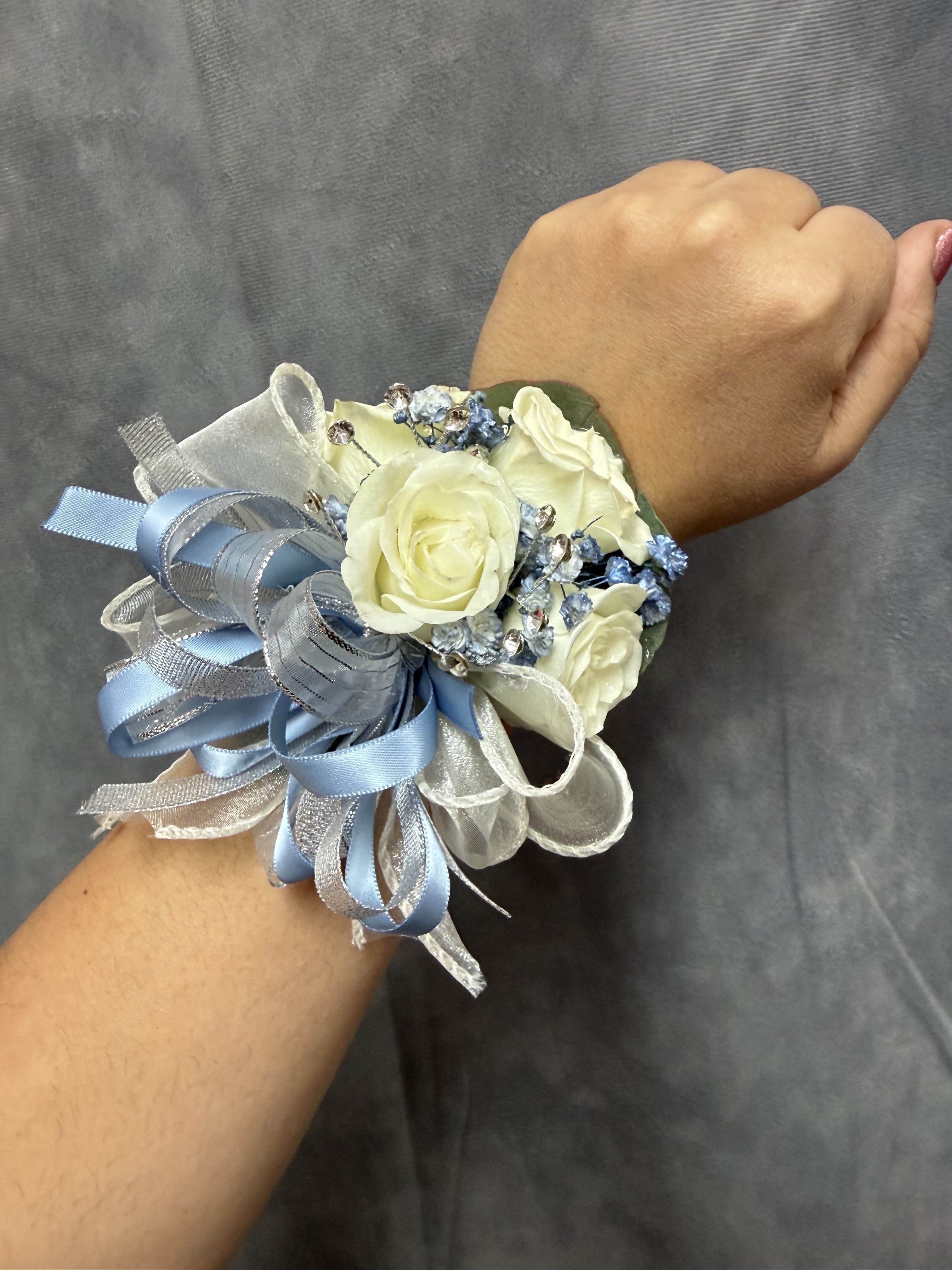 Dusty blue white spray roses corsage - White spray roses With Dusty blue baby breath , Dusty blue and white  ribbon wrist corsage with silver accents and pearl bracelet