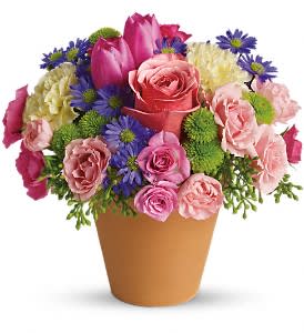 Mixed bouquet of pink roses, tulips, and purple daisies in a tan pot