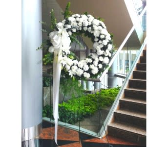  ETERNAL PEACE WREATH [TT-ANC44] - 36" ALL WHITE WREATH WITH SIDE BOW AND STREAMERS. LILIES, ROSES, CHRYSANTHEMUMS, CARNATIONS, EUCALYPTUS, SPRINGERI, SALAL      As Shown : TT-ANC44  