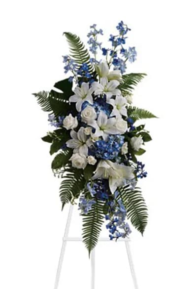 Ocean Breeze Spray [T246-2A] - Express deep condolences and strong hopes for the future with an elegant tribute that conveys admiration, affection and respect.  Lovely flowers such as white asiatic lilies and roses blend with blue delphinium and hydrangea, set amidst ferns.  Approximately 21" W x 39" H  Orientation: One-Sided  As Shown : T246-2A