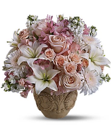 Garden of Memories [T221-1A] - A garden of heavenly blooms offers an elegant and timeless tribute, beautifully honoring the spirit of the most precious departed.  Lovely fresh flowers such as white asiatic lilies and chrysanthemums, pink roses, hydrangea, and alstroemeria, all delivered in an exclusive Garlands of Grace urn.  Approximately 19" W x 18 1/4" H  Orientation: All-Around      As Shown : T221-1A 