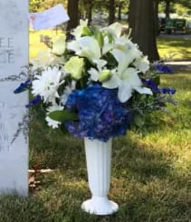 BEAUTIFUL IN BLUE IN CEMETERY CONTAINER [TT-ANC52] - BEAUTIFUL IN BLUE IN CEMETERY CONTAINER BY TWIN TOWERS FLORIST      As Shown : TT-ANC52 