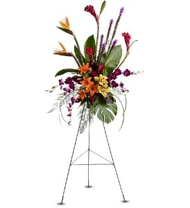 Paradise Tribute Spray [TFWEB562] - Bring a touch of exotic beauty to any timeless tribute with a fresh standing spray, and honor a lively spirit with bright tropical elements such as Birds of Paradise, Cymbidium orchids and ginger. A unique way to show how much you care.  A standing spray of fresh flowers and tropical elements such as Asiatic lilies, orchids, Birds of Paradise, ginger, liatris, croton leaves and plumosus is delivered on an easel.  Approximately 22" (W) x 34" (H) (Dimensions do not include easel.)  Orientation: One-Sided      As Shown : TFWEB562  