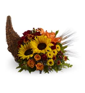  Heavenly Cornucopia  - What could be more heavenly than this harvest display of fresh flowers - including sunflowers, roses and Asiatic lilies - spilling from a natural cornucopia? Wonderful for Thanksgiving, and a spectacular hostess gift.  A mix of fresh flowers such as sunflowers, Asiatic lilies, roses and chrysanthemums in shades of yellow, bronze, red and orange - with accents such as huckleberry, seeded eucalyptus, preserved oak leaves, natural wheat and hypericum – is arranged in a 14" cornucopia.  Approximately 19" (W) x 11" (H)  Orientation: All-Around      As Shown : TFWEB451  