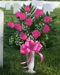 [TT-ANC12PNK]:  DOZEN PINK ROSES IN CEMETERY CONE  -  DOZEN PINK ROSES IN CEMETERY CONE