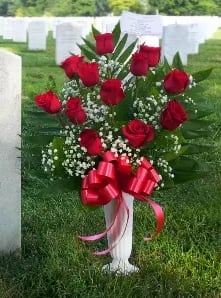 DOZEN RED ROSES IN CEMETERY CONTAINER - RED  [TT-ANC12RED] -     As Shown : TT-ANC12RED 